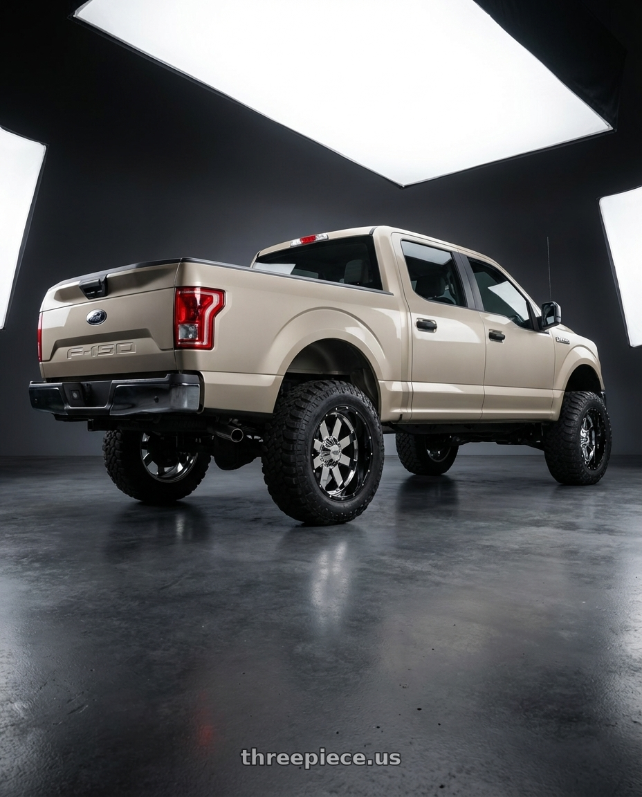 2019 Ford F-150 with Moto Metal MO200 6X135 22X10 -18 CHROME CENTER GLOSS BLACK MILLED LIP wheels rear three quarter view meaty tires