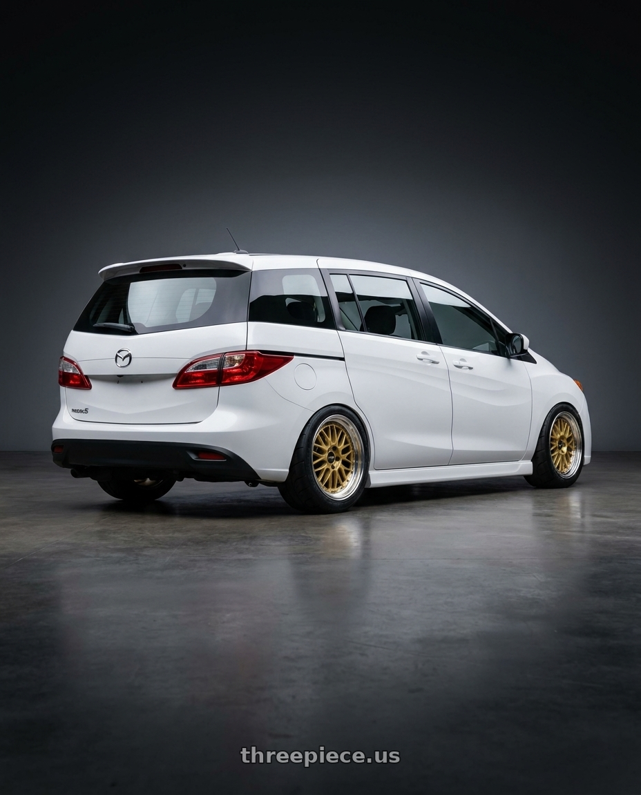 2013 Mazda Mazda5 GT, White with BBS LM 5x114.3 18x9.0+42 Gold wheels rear three quarter view meaty tires