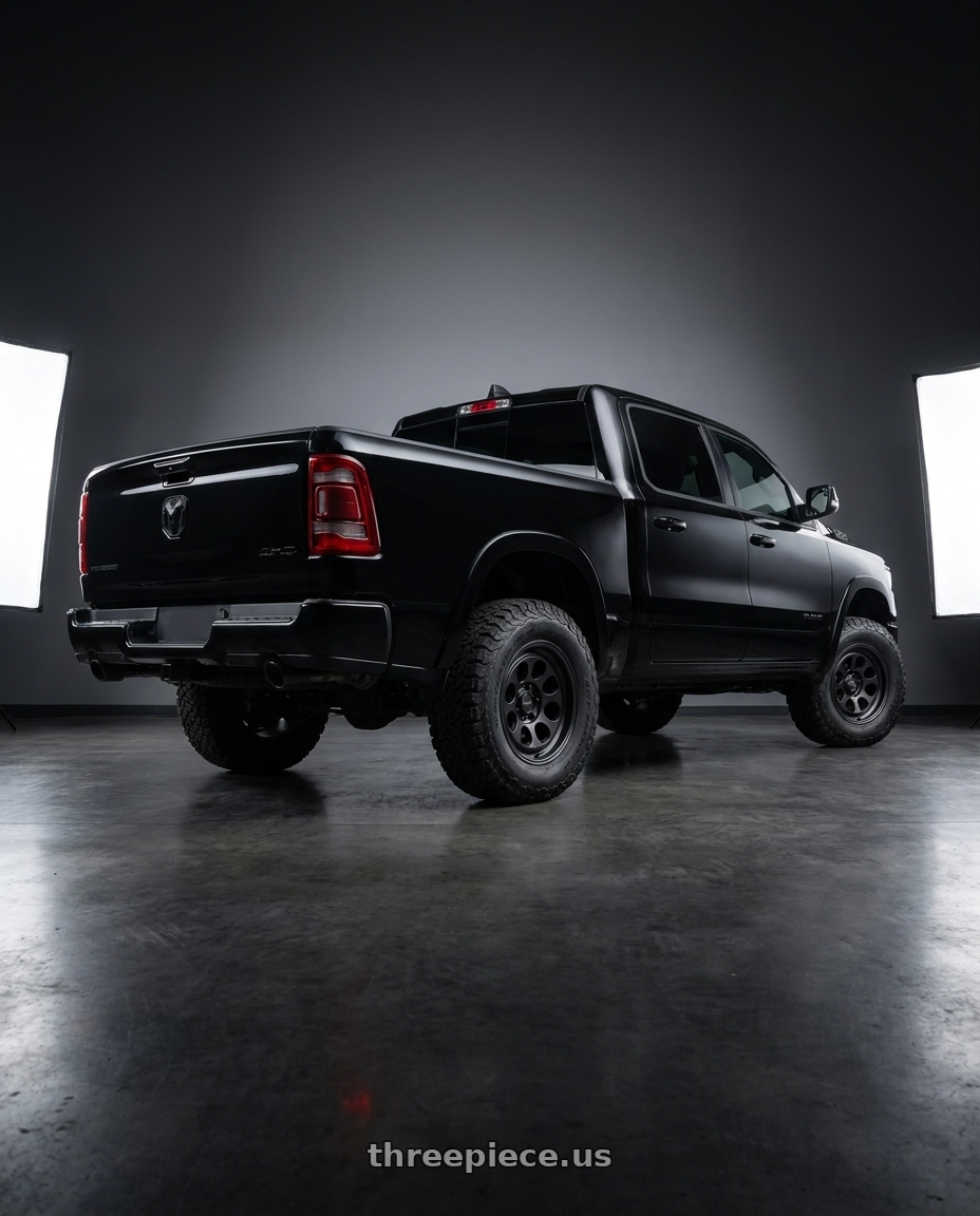 2025 Ram 1500 Lonestar with Volk Racing RAYS 08X 6x139.7 18x8.5+25 Diamond Black wheels rear three quarter view meaty tires