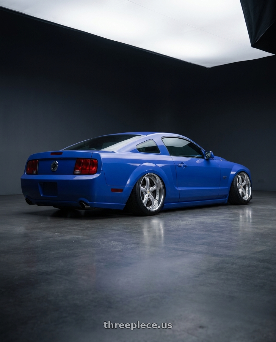 2005 ford mustang gt with Work Wheels VS-KF 5x114.3 18x8+8 Light Grey Silver R Disk FULL REVERSE wheels rear three quarter view extreme stretch tires