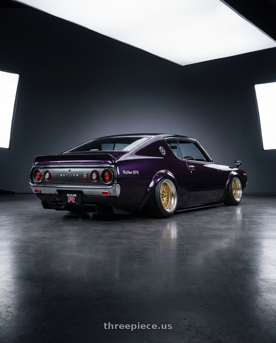 1973 Nissan Skyline GT-R KPGC110 with Enkei Enkei92 Classic Line 4x114.3 15x7+38 Gold wheels rear three quarter view slight stretch tires