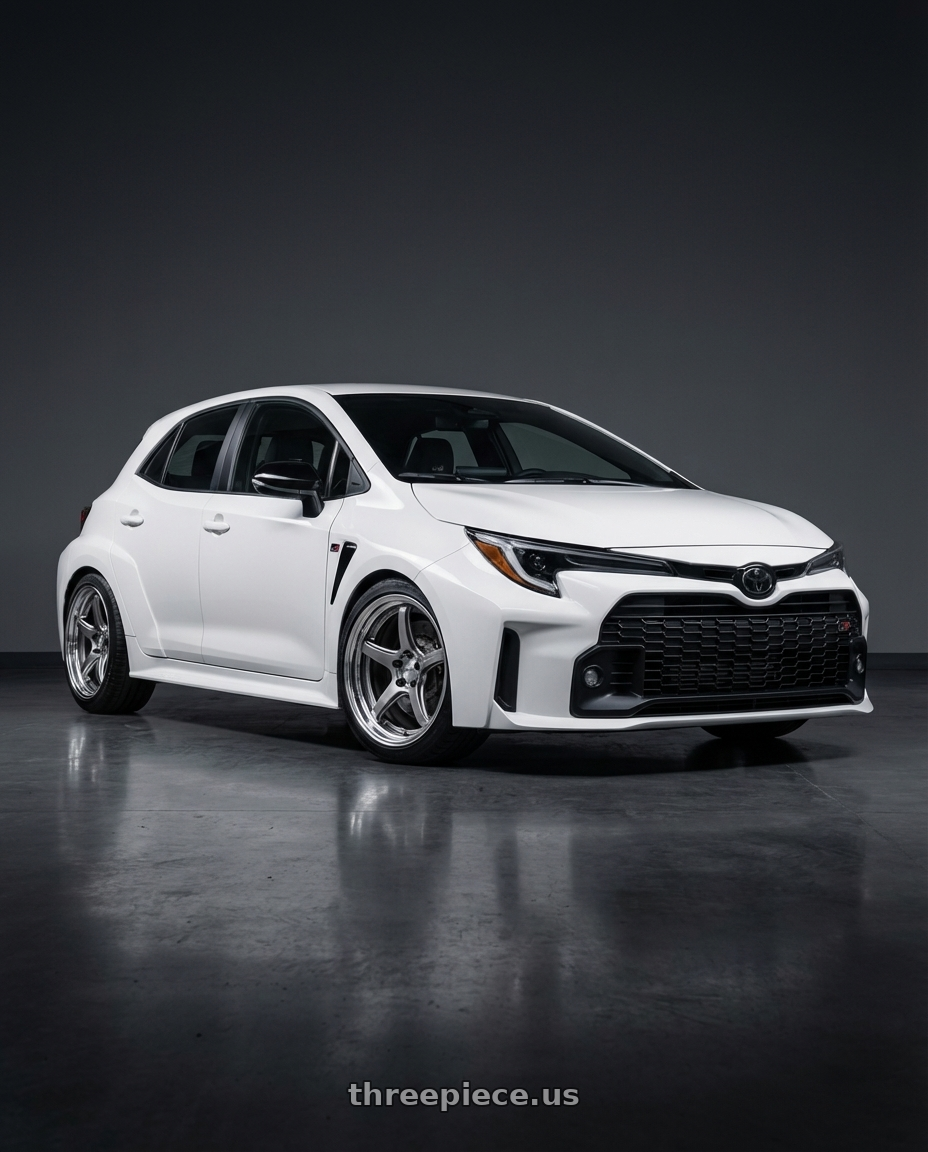 2024 GR Corolla Core with Work T5R 2P 5x114.3 18x9.0 +22 GT SILVER wheels front three quarter view lowered stance