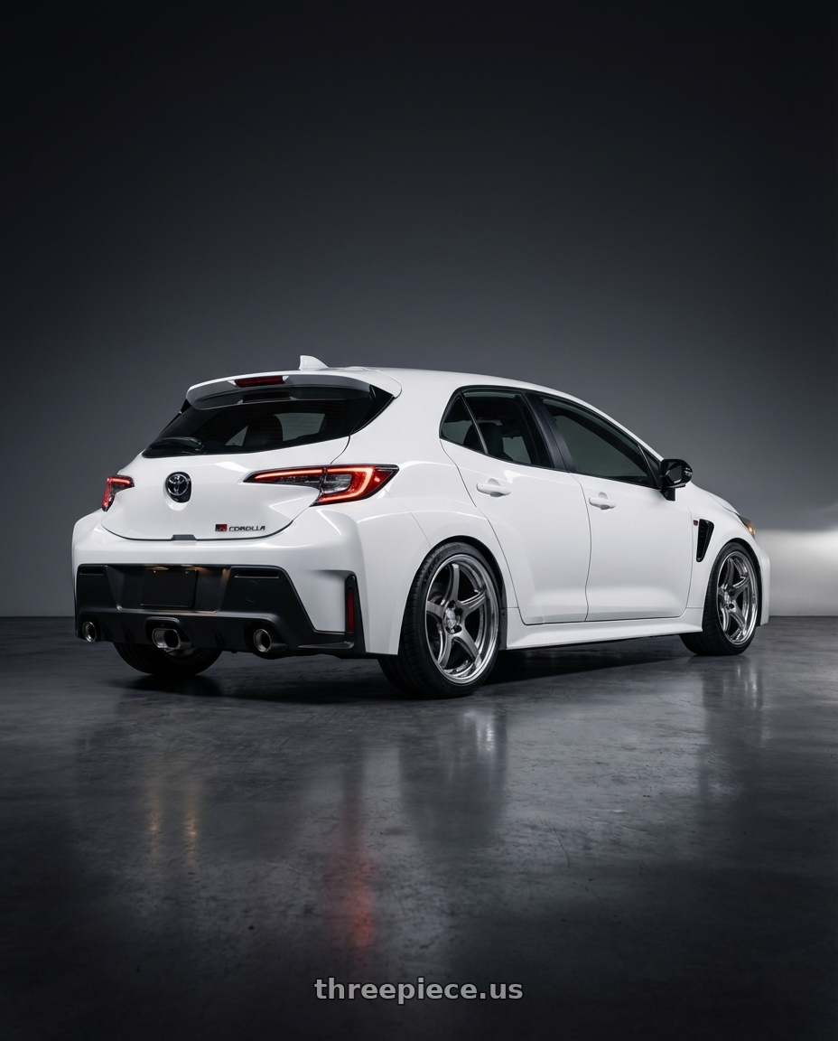 2024 GR Corolla Core with Work T5R 2P 5x114.3 18x9.0 +22 GT SILVER wheels rear three quarter view square tires