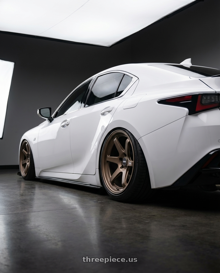 2024 Lexus IS 350 with ESR Wheels APEX SERIES AP6 5x114.3 19x9.5 +22 Matte Bronze wheels rear three quarter view slight stretch tires