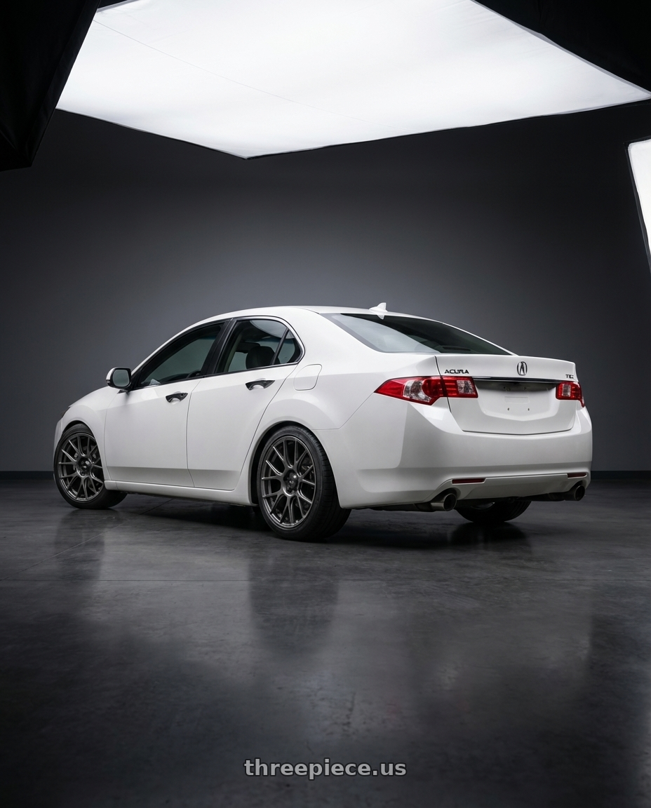 2013 Acura TSX with Konig Ampliform 5x114.3 18x8.5+45 Dark Metallic Graphite wheels rear three quarter view square tires