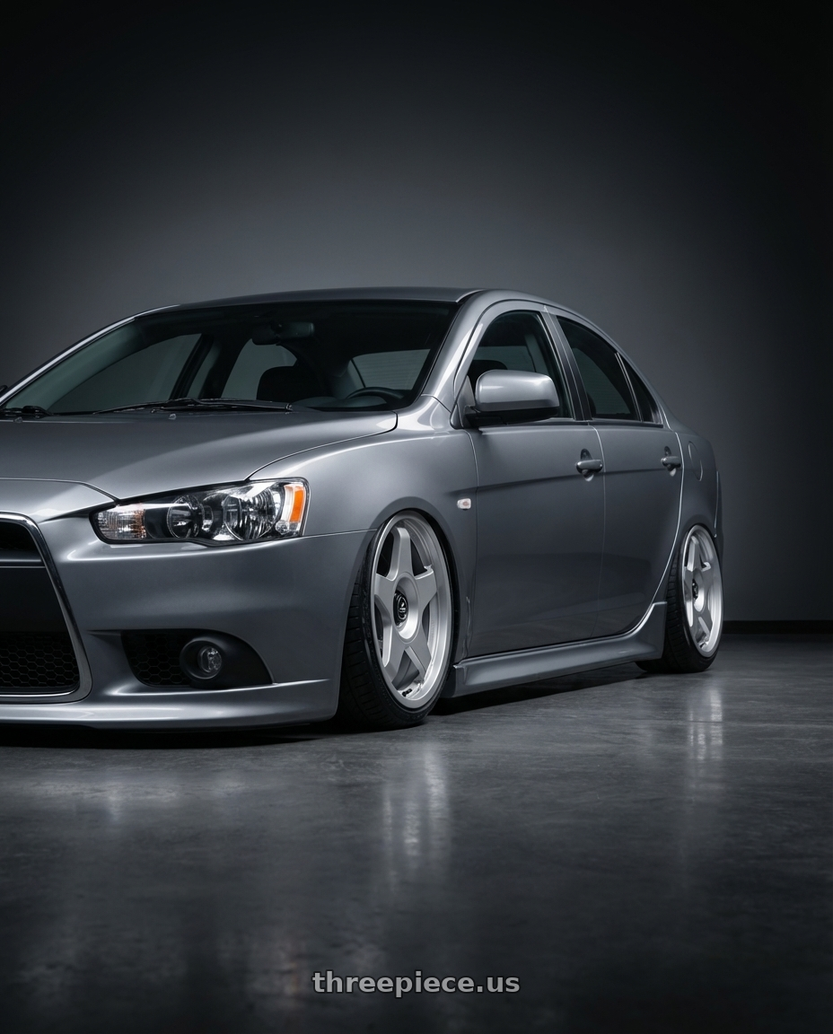 2014 Mitsubishi Lancer Ralliart with fifteen52 CHICANE 5x114.3 / 5x100 18x8.5 +35 SPEED SILVER (GLOSS SILVER) wheels front three quarter view stanced stance