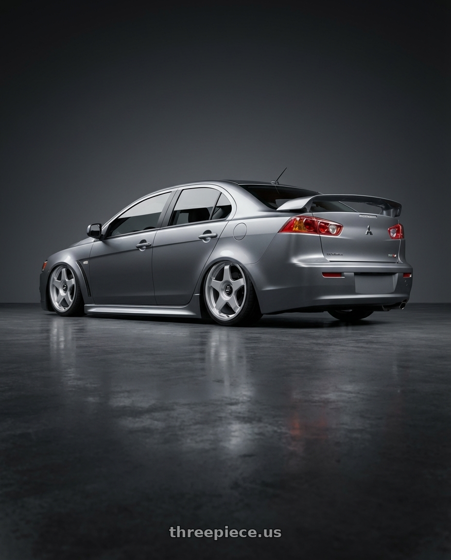 2014 Mitsubishi Lancer Ralliart with fifteen52 CHICANE 5x114.3 / 5x100 18x8.5 +35 SPEED SILVER (GLOSS SILVER) wheels rear three quarter view slight stretch tires