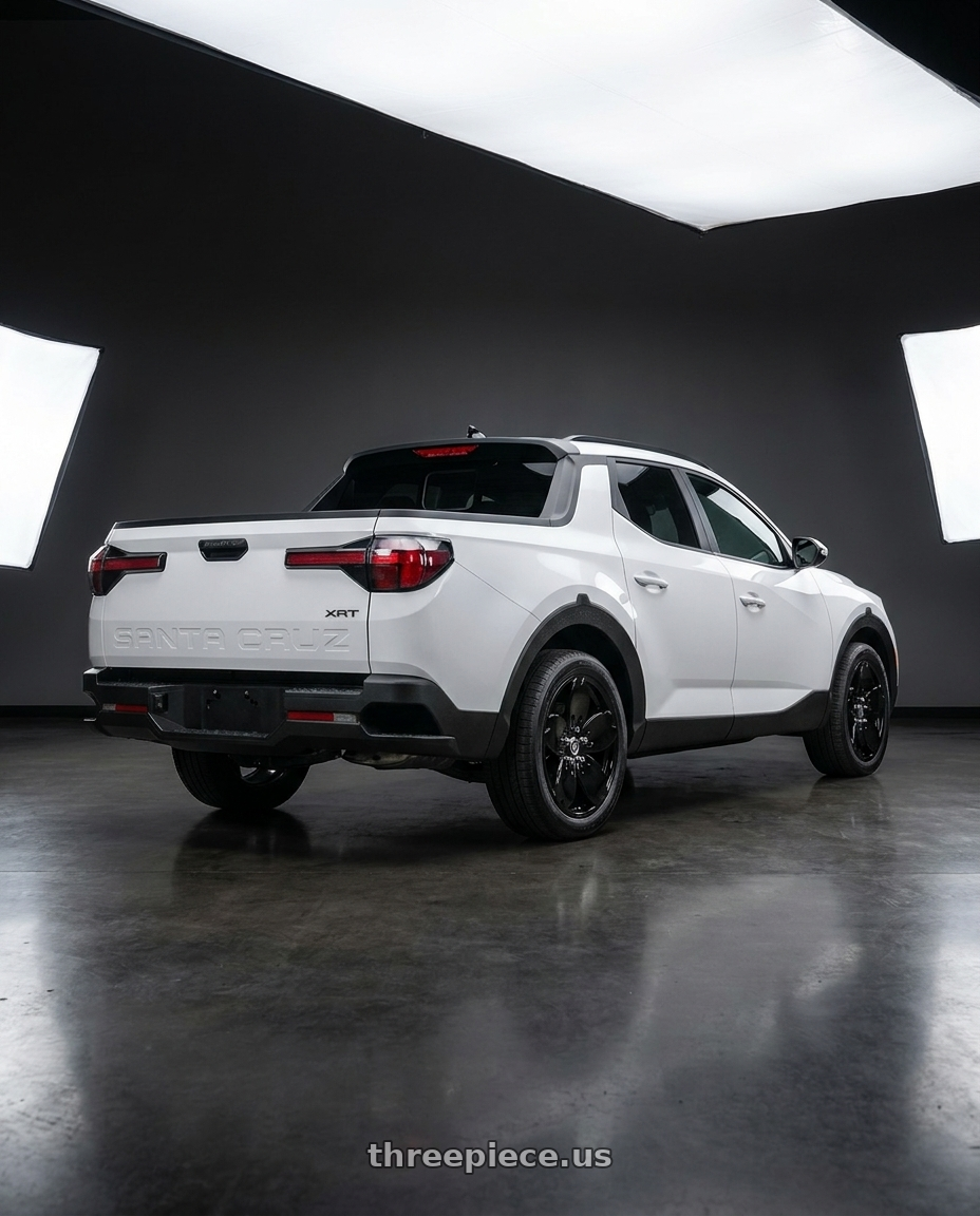 2024 Hyundai Santa Cruz XRT with Heritage Wheel Sakura MonoC 5x114.3 18x8.5 +35 Black wheels rear three quarter view square tires