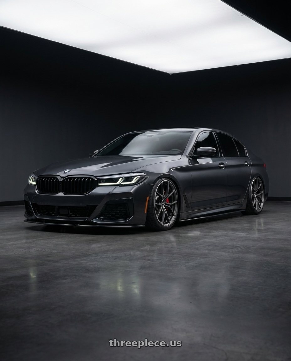2022 BMW 540i, Dark Grey with Volk Racing G025 5x120 20x9.0+22 Matte Gunblack / Rim Edge DC wheels front three quarter view stanced stance