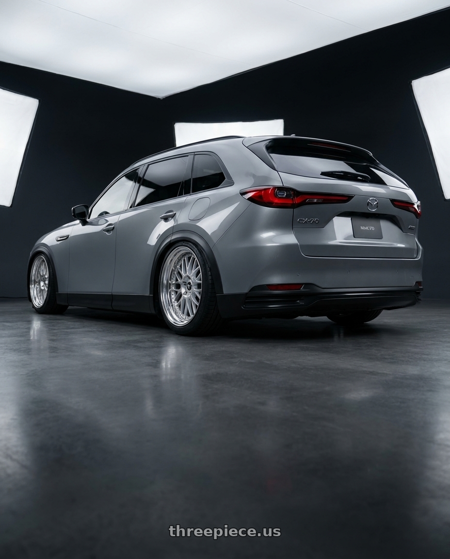 2025 Mazda cx70 with Work Vs-Xv 5x114.3 21x9.5+22 L Disk Silky Rich Silver wheels rear three quarter view square tires