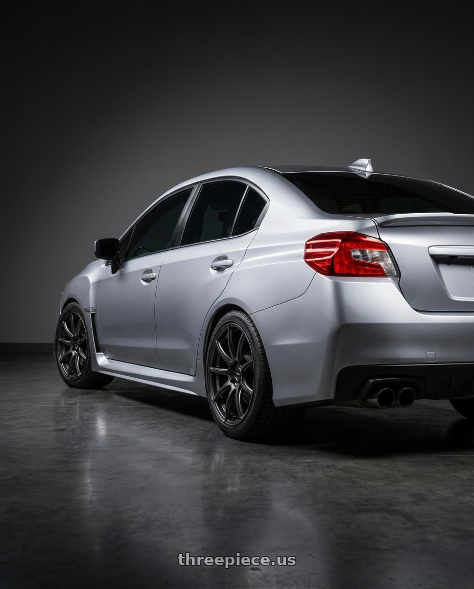 2018  SUBARU  WRX with Gram Lights 57Transcend 5x114.3 18x9.5+38 Face-2 Super Dark Gunmetal wheels rear three quarter view square tires