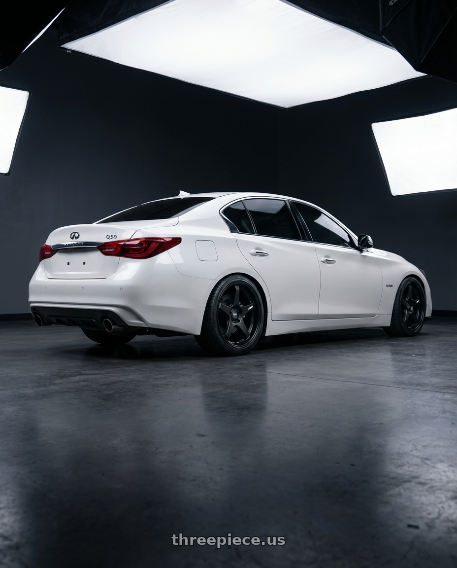 2020 Infiniti Q50 with ESR Wheels APEX SERIES AP5 5x114.3 19x9.5 +22 Matte Black wheels rear three quarter view square tires