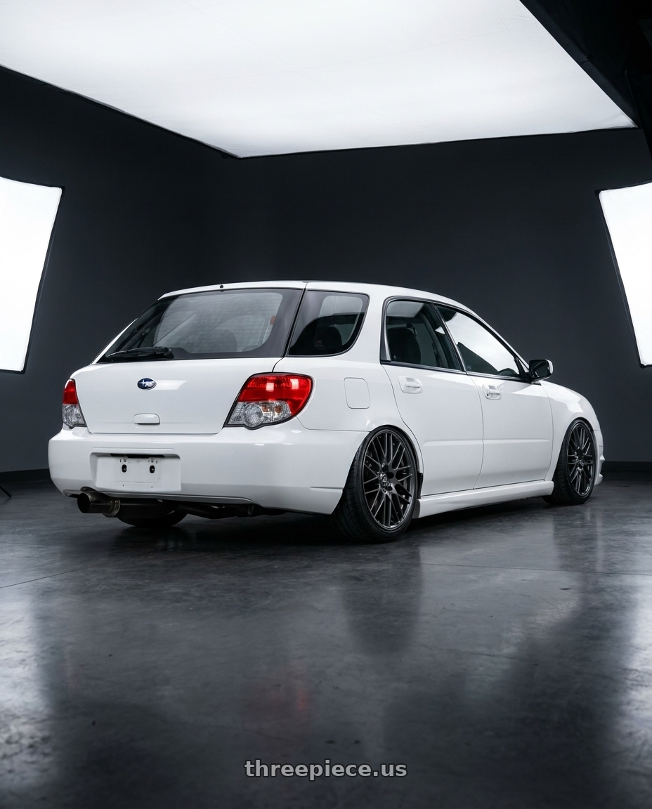 2006 Wrx wagon with Enkei EKM3 5x100 17x7+45 Gunmetal wheels rear three quarter view slight stretch tires