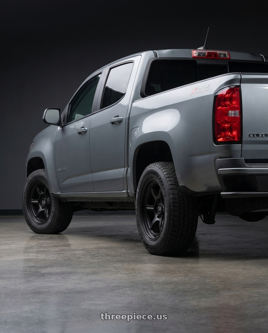 2021 Chevrolet Colorado WT with Black Rhino SHOGUN 6X120 17X8.5 +20 MATTE BLACK wheels rear three quarter view square tires