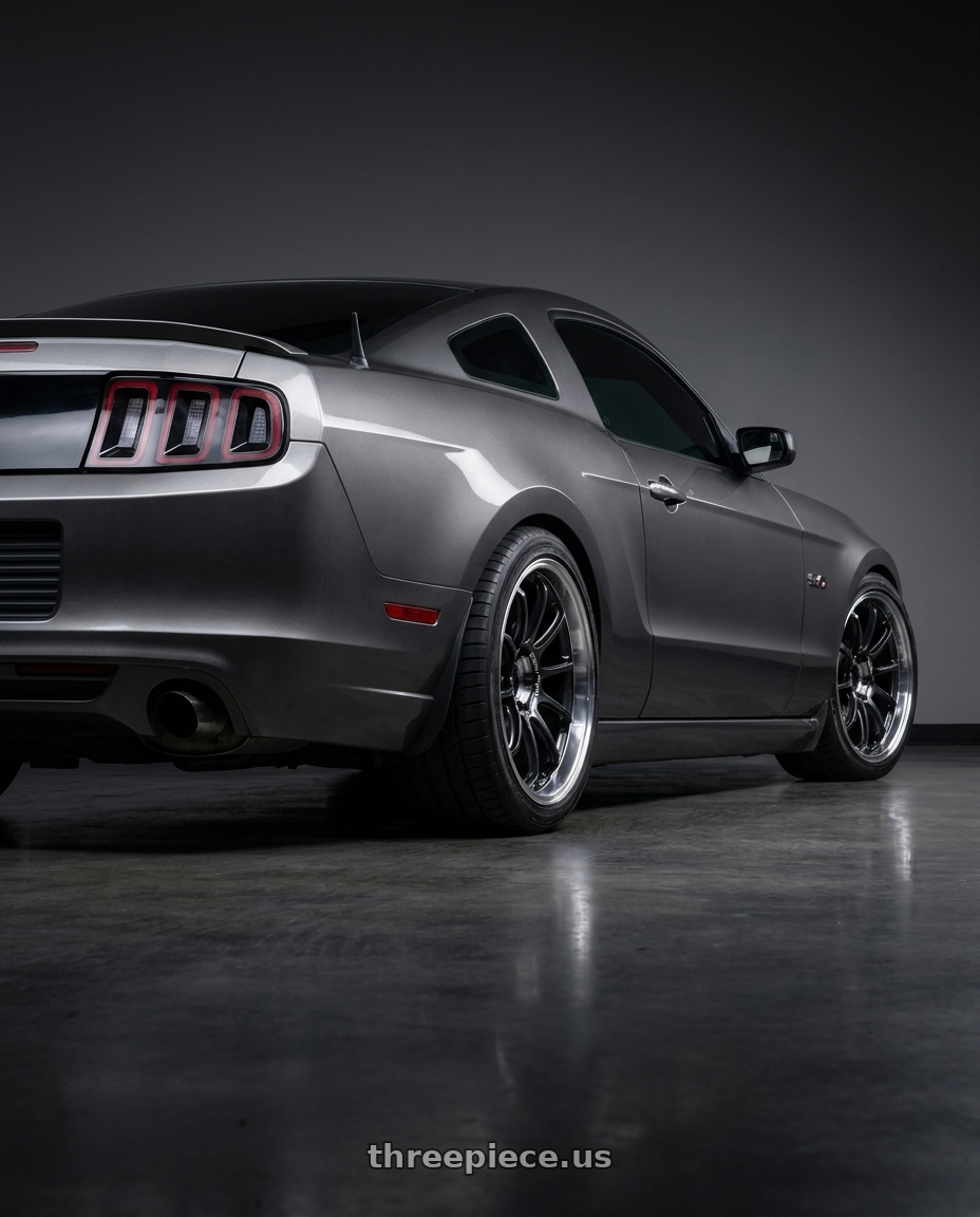 2014 Ford Mustang GT with Advan Racing RZ-DF2 5x114.3 19x9.5 +44 DIAMOND CUT & RACING TITANIUM BLACK wheels rear three quarter view square tires