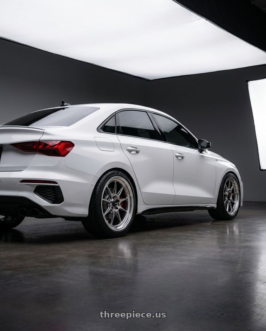 2024 Audi S3 8Y with Konig Countergram 5x112 19x8.5+43 Hyper Chrome / Machined Lip wheels rear three quarter view square tires
