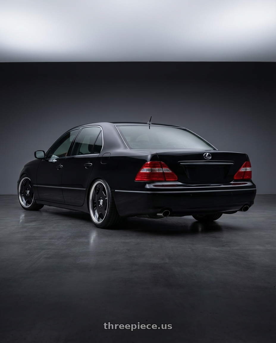 2001 Lexus LS430 with Work Lanvec Ld1 5x114.3 18x7.5+45 A Disk Black wheels rear three quarter view slight stretch tires