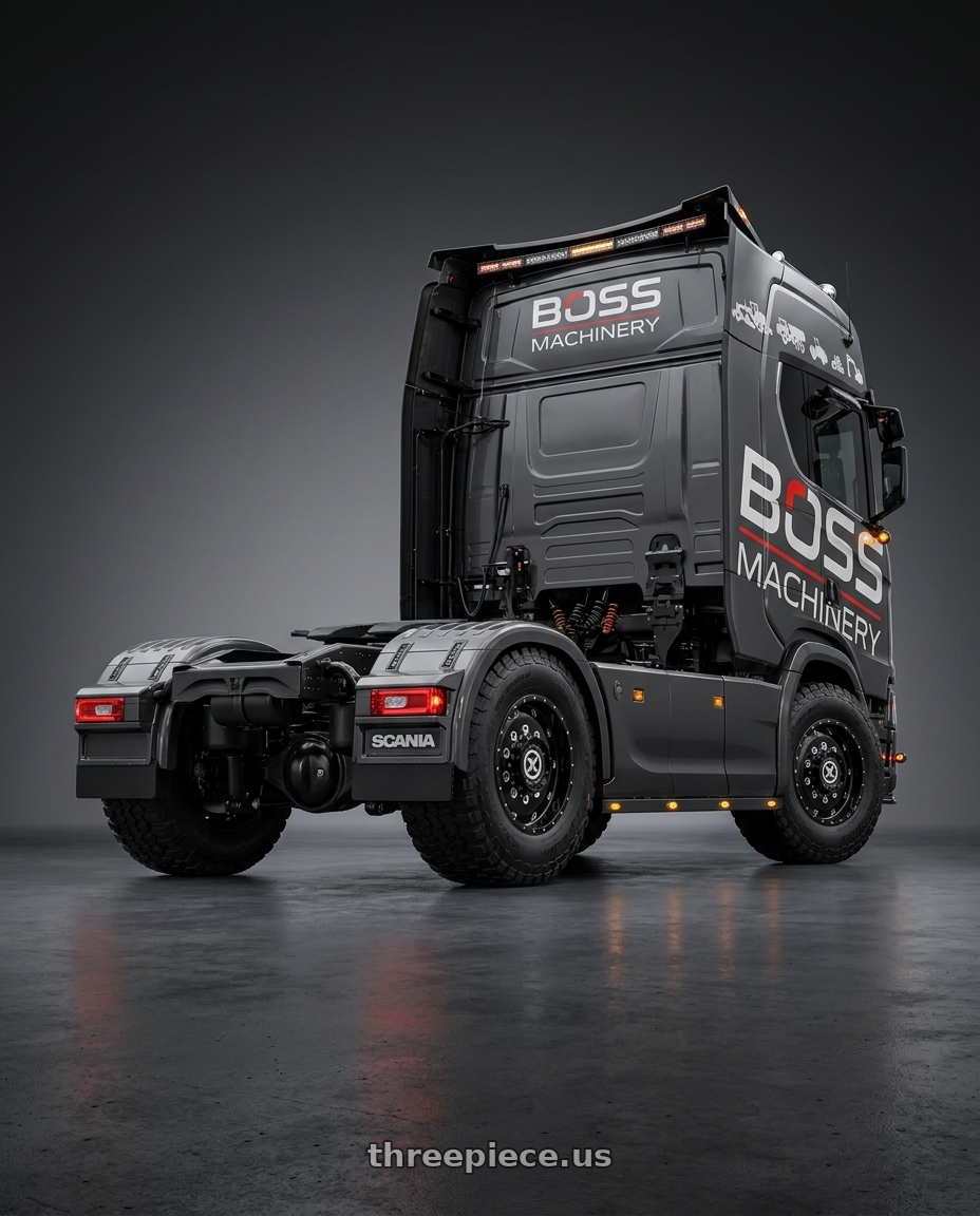 2026 scania 770 with ATX AO400 BAJA 10X285.75 22.5X12.25 +119 GLOSS BLACK MILLED - 12.25 FRONT wheels rear three quarter view meaty tires