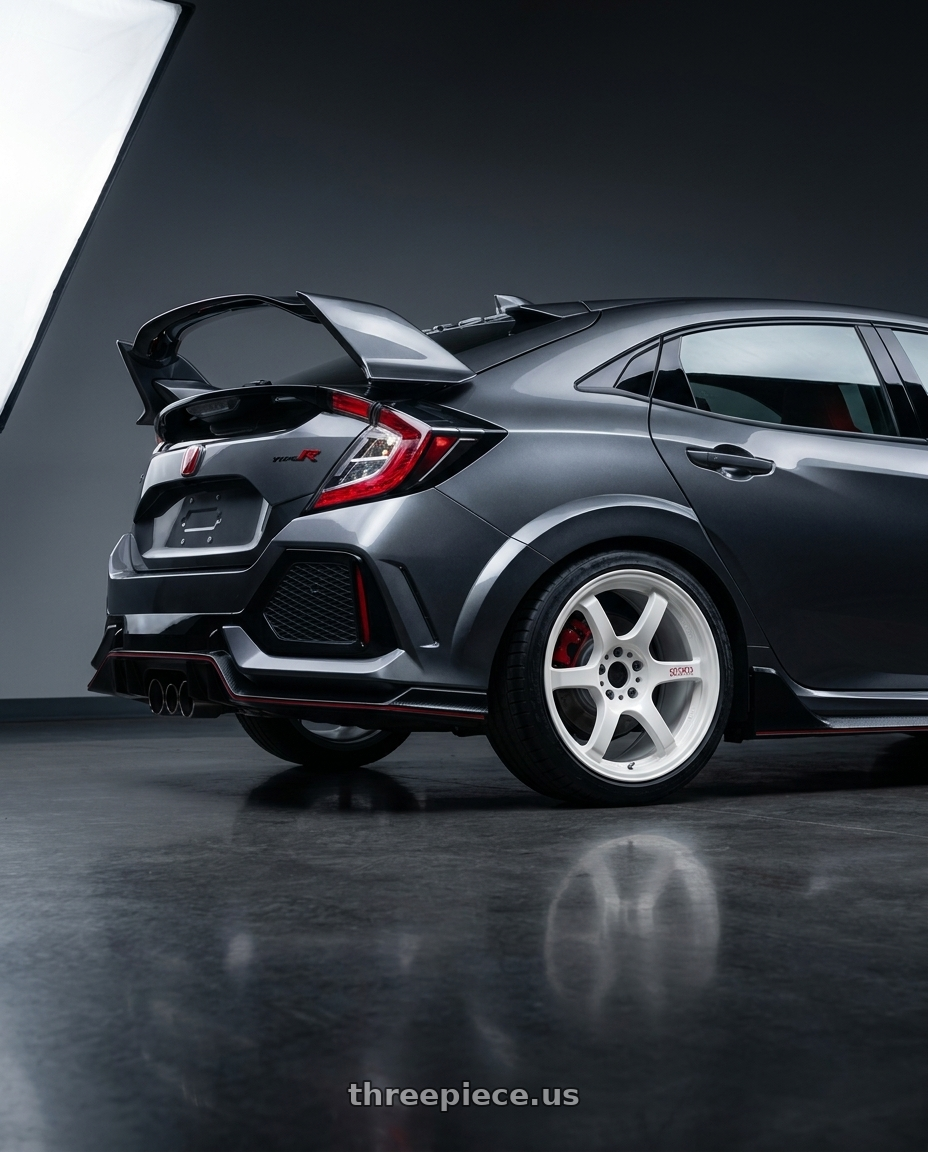 2019 honda civic type r with Gram Lights 57DR 5x120 18x9.5+38 Ceramic Pearl wheels rear three quarter view slight stretch tires