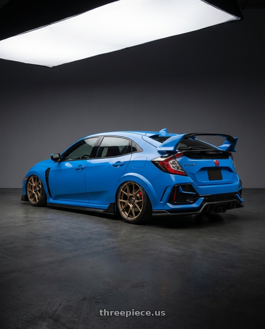 2020 Honda Civic Type R with Konig Ampliform 5x120 19x10+28 Gloss Bronze wheels rear three quarter view slight stretch tires