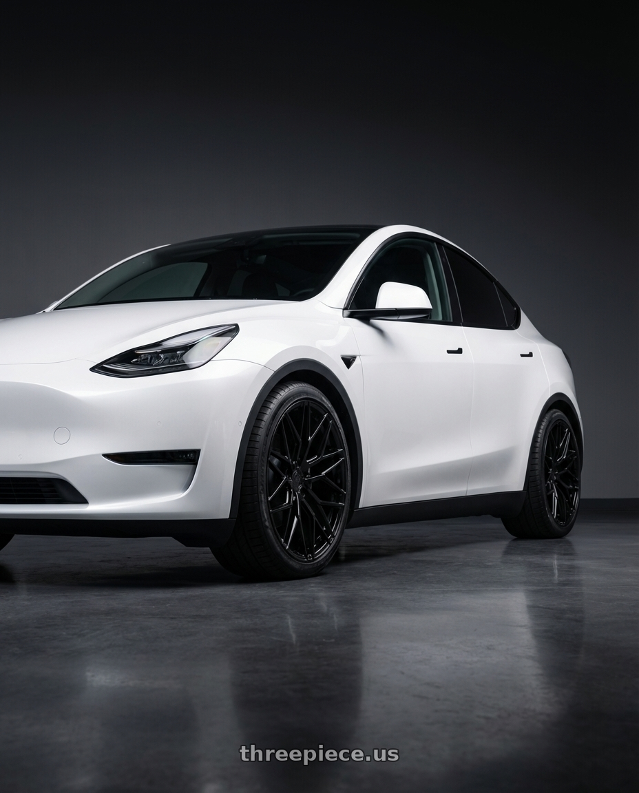 2024 Tesla Model Y with Avant Garde Wheels M520R 5X114.3 20x9 +32 Gloss Black wheels front three quarter view lowered stance