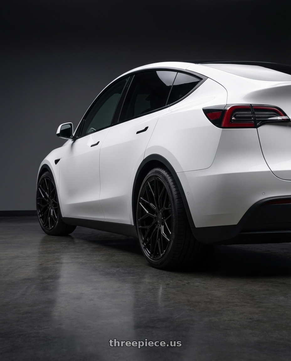 2024 Tesla Model Y with Avant Garde Wheels M520R 5X114.3 20x9 +32 Gloss Black wheels rear three quarter view square tires