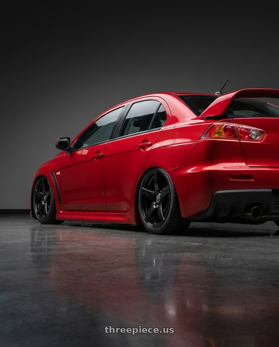 2012 Mitsubishi Lancer Evo X with Forgestar CF5 5x114.3 18x9 +35 Gloss Black wheels rear three quarter view slight stretch tires