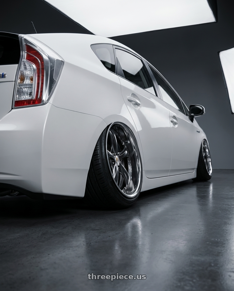 2010 TOYOTA PRIUS  with Work Wheels VS-KF 5X114.3 19x7.5-4 Brilliant Silver Black A Disk FULL REVERSE wheels rear three quarter view extreme stretch tires