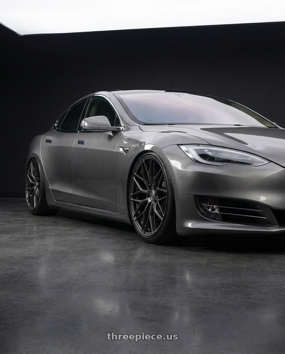 2018 Tesla Model S with Avant Garde Wheels M520R 5X120 21x12 +52 Dark Graphite Metallic wheels front three quarter view stanced stance