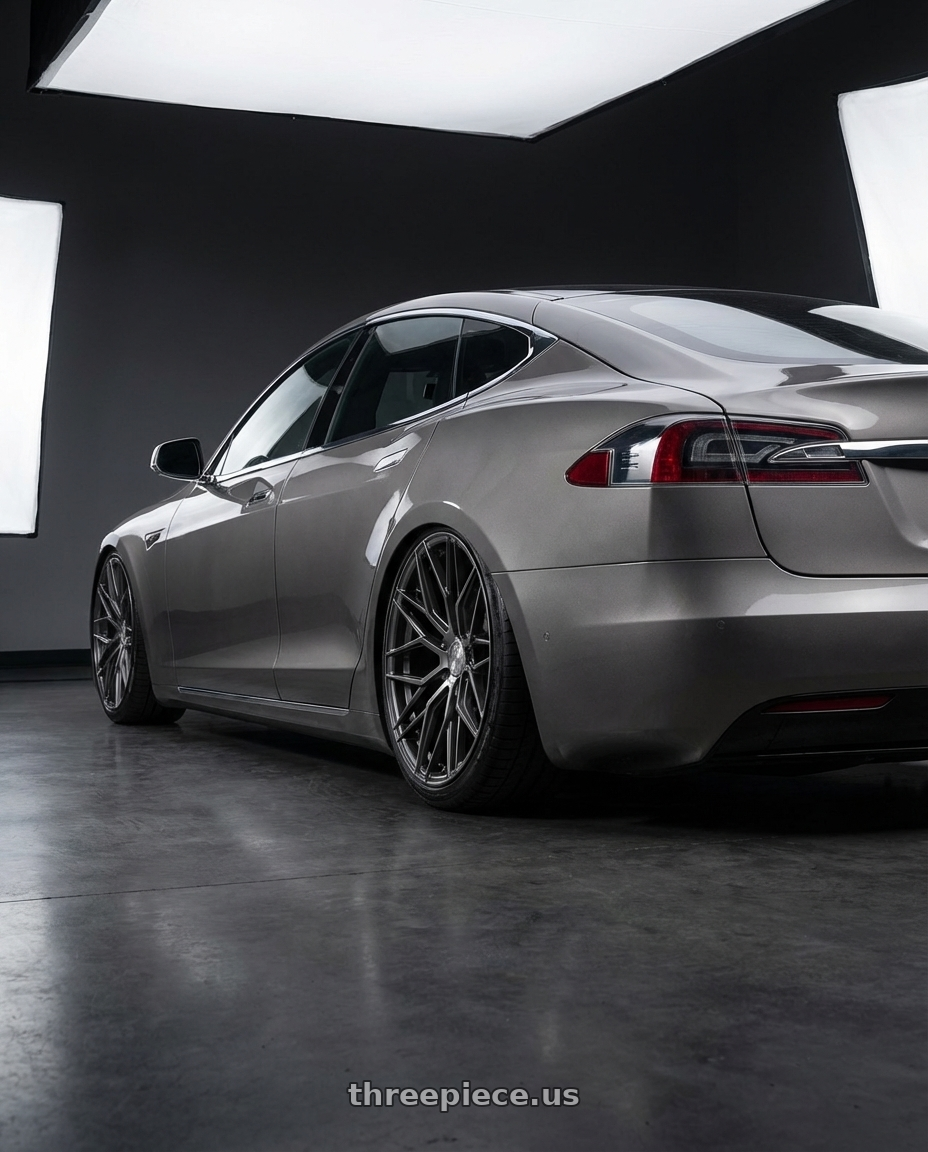 2018 Tesla Model S with Avant Garde Wheels M520R 5X120 21x12 +52 Dark Graphite Metallic wheels rear three quarter view slight stretch tires