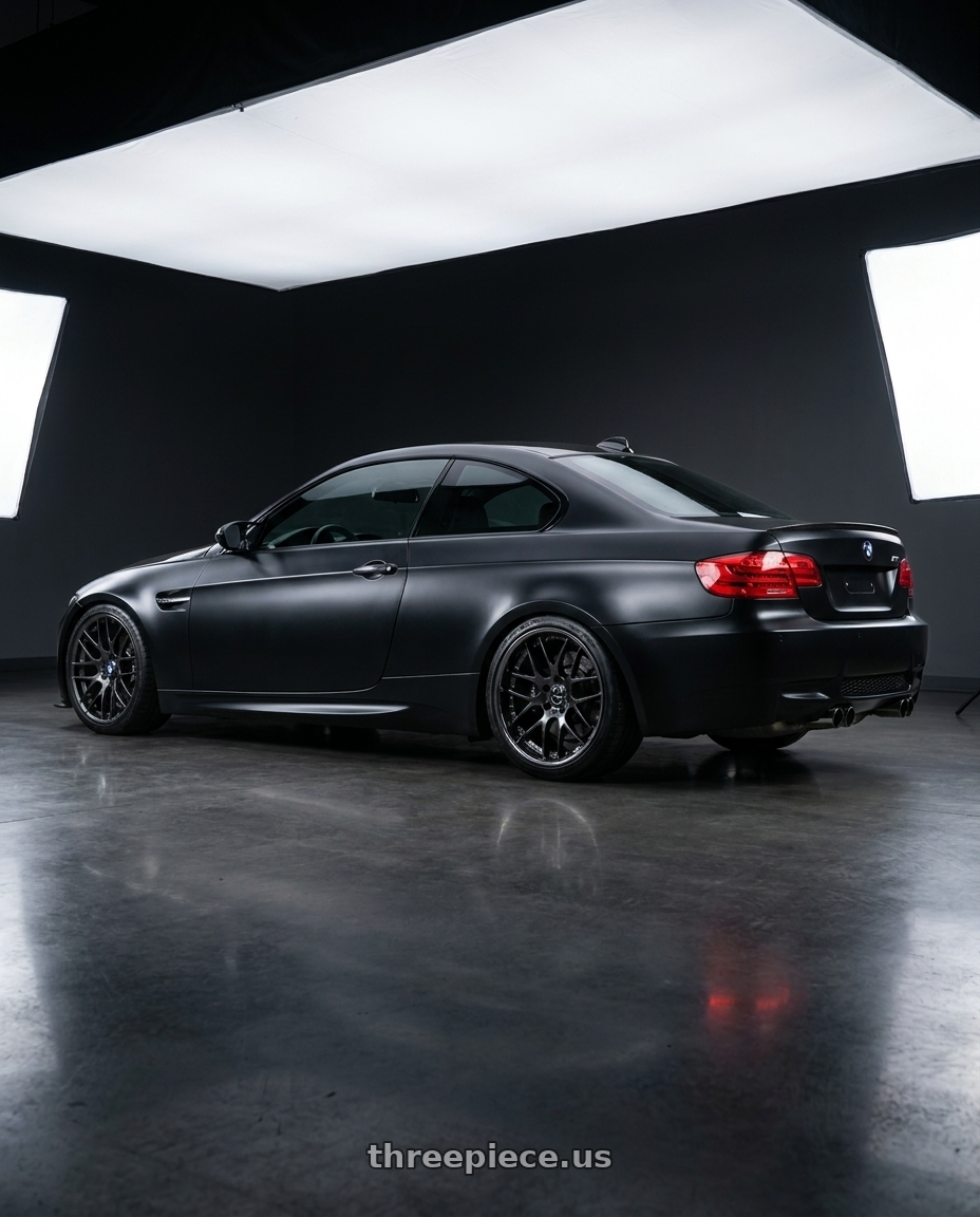 2008 e92 m3 with Ssr Agle Minerva 5x114.3 19x7.5+55 SL Disk Super Black Coat wheels rear three quarter view slight stretch tires