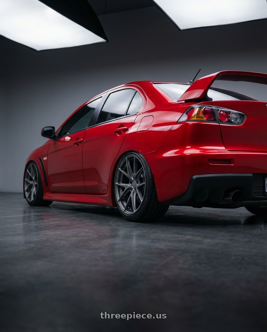 2012 Mitsubishi Lancer Evo X with Niche 1PC M116 MISANO 5X114.3 18X9.5 +40 MATTE GUN METAL wheels rear three quarter view slight stretch tires