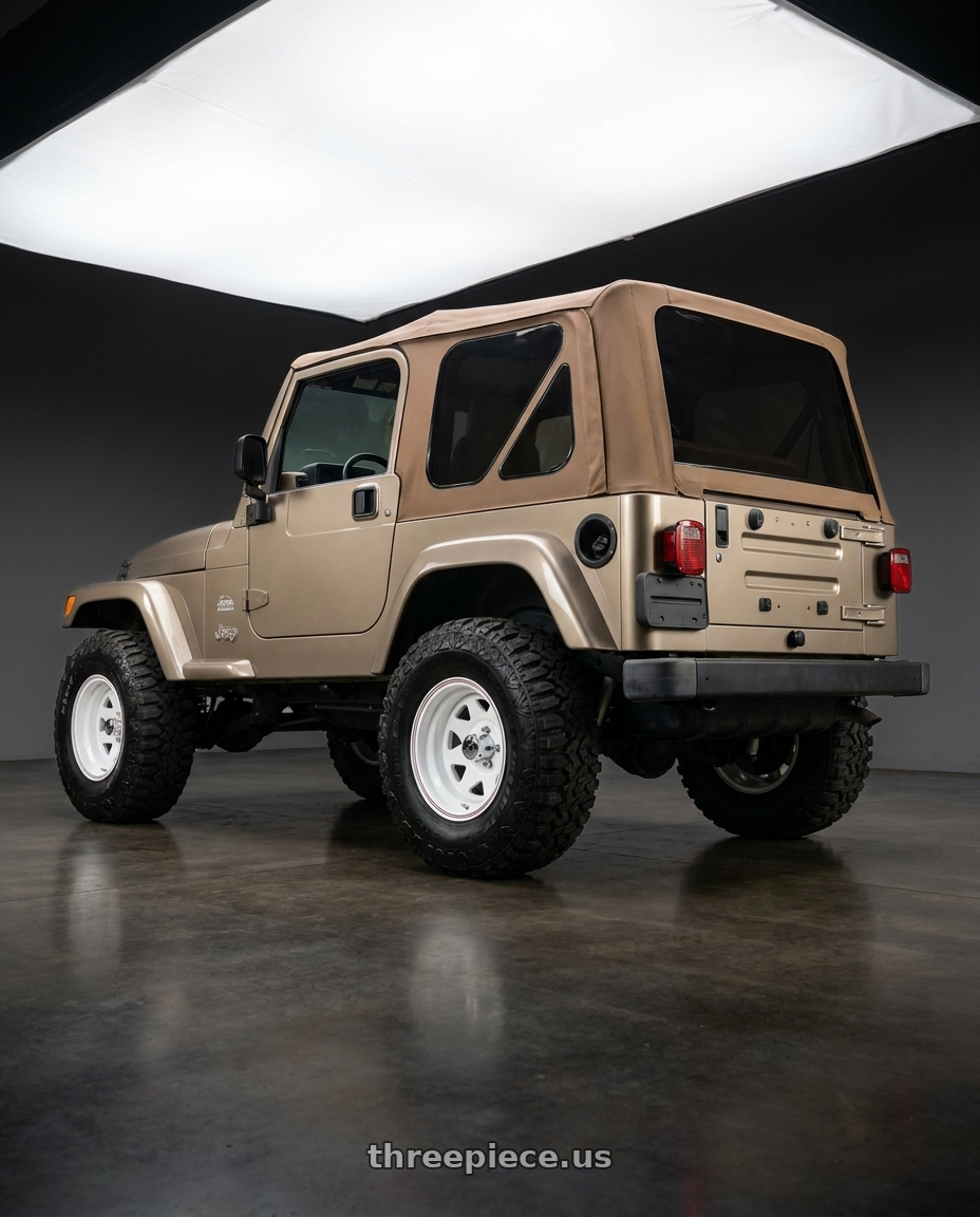 2003 jeep wrangler with Allied - Pacer 310W White Spoke 5x127 15x10 -44 White wheels rear three quarter view square tires