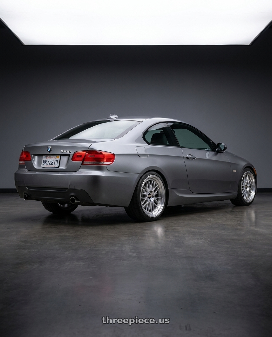2009 e92 335i m sport highline coupe, space grey with BBS LM 5x120 19x9.5+35 Diamond Silver wheels rear three quarter view square tires