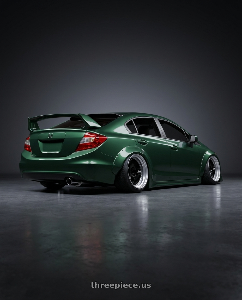 2012 honda civic lx green  with Advan Racing ONI2 PROGRESSIVE 5x114.3 20x9.0 +39 MACHINING & RACING GLOSS BLACK wheels rear three quarter view extreme stretch tires
