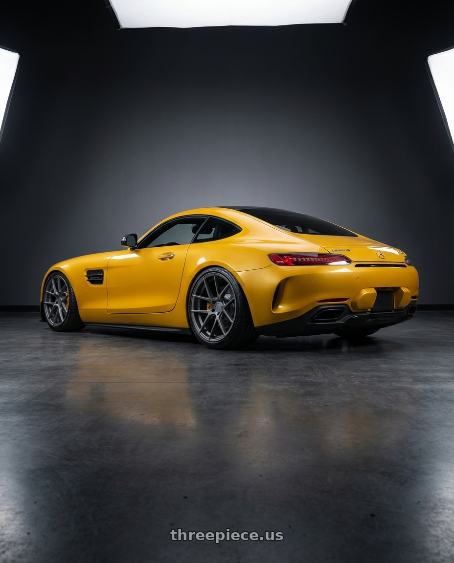 2019 Mercedes-Benz AMG GT with Avant Garde Wheels M510 5X112 20x10 +25 Dolphin Grey wheels rear three quarter view slight stretch tires