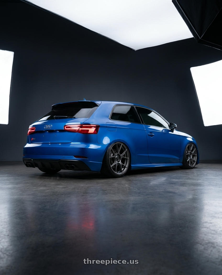 2019 Audi S3 8V with Konig Ampliform 5x112 19x8.5+32 Dark Metallic Graphite wheels rear three quarter view slight stretch tires