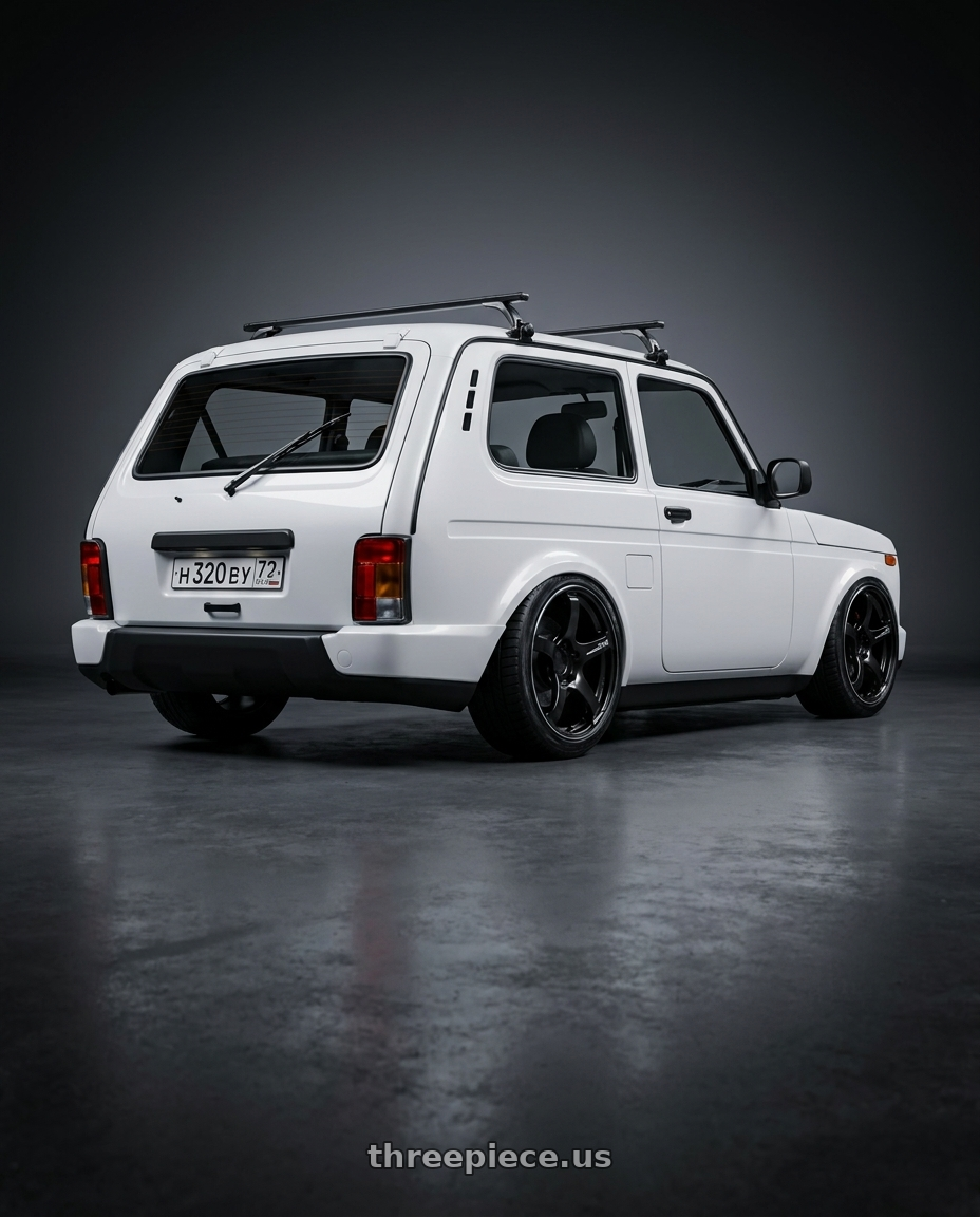2021 Niva Legend with Advan Racing TC4 5x114.3 18x11.0 +30 BLACK GUNMETALLIC & RING wheels rear three quarter view slight stretch tires
