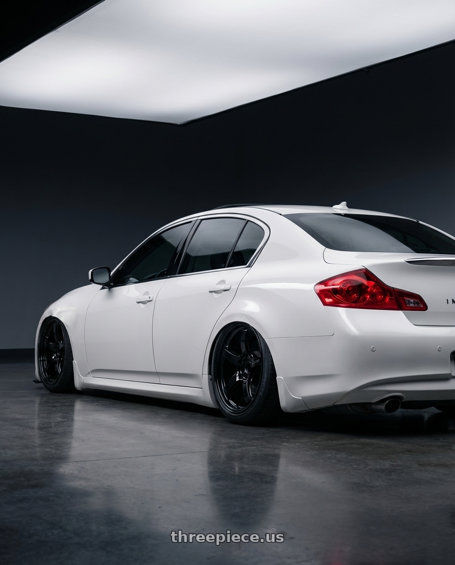 2014 Infiniti G37 Coupe with Gram Lights 57CR 5x114.3 19x8.5+35 Glossy Black wheels rear three quarter view slight stretch tires