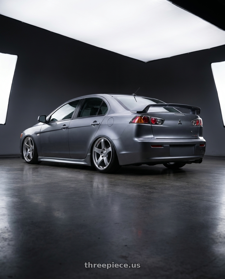 2014 Mitsubishi Lancer Ralliart with Ssr Gtv01 5x114.3 18x9+35  GLARE SILVER wheels rear three quarter view slight stretch tires