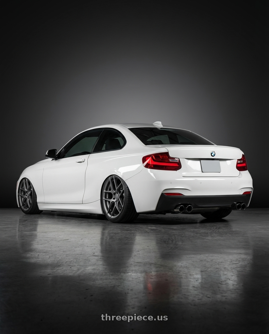 2018 BMW 2 Series F22 with Aodhan AFF2 5x120 19x8.5+35 Matte Gray wheels rear three quarter view slight stretch tires