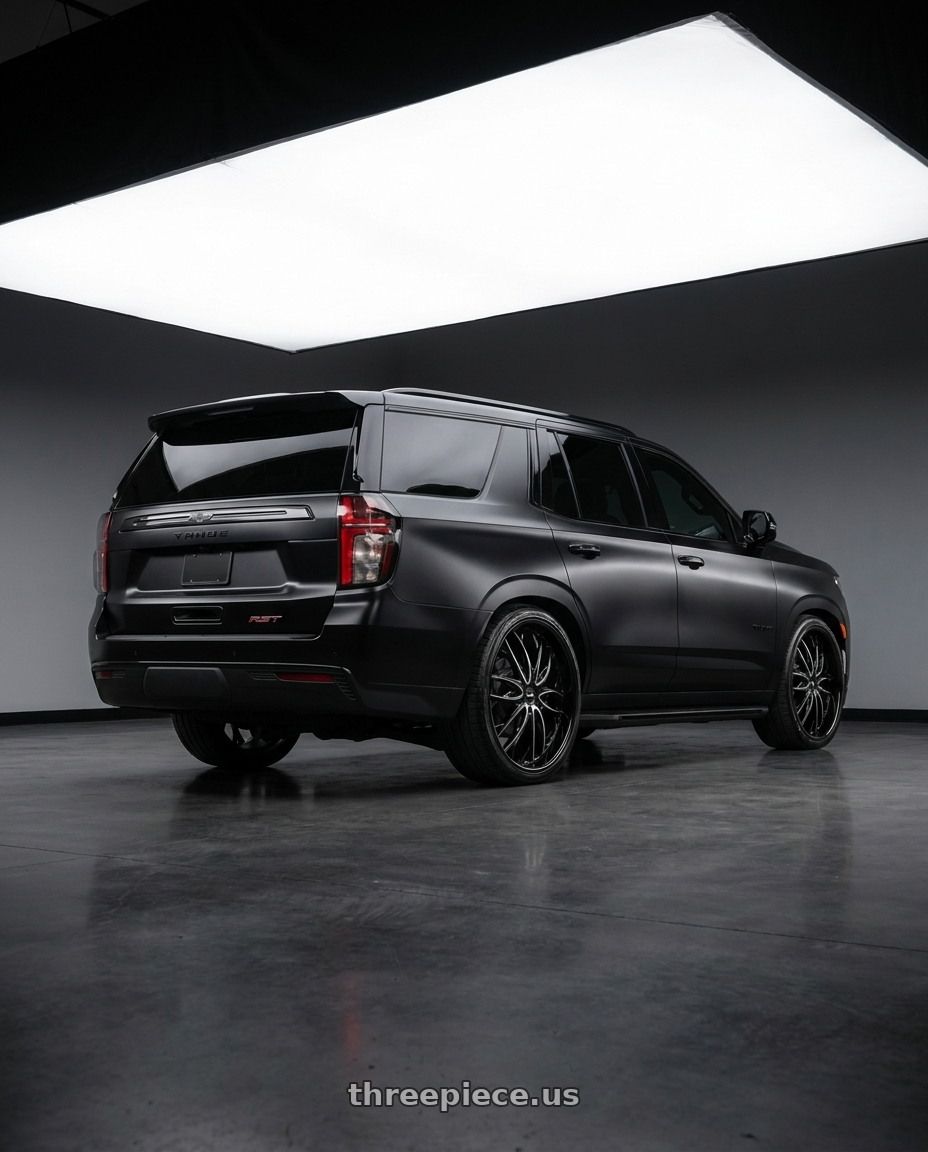 2022 Chevrolet Tahoe RST 6.2 cammed Satin black  with DUB 1PC S263 OG 6X139.7 26X10 +25 GLOSS BLACK MILLED wheels rear three quarter view slight stretch tires