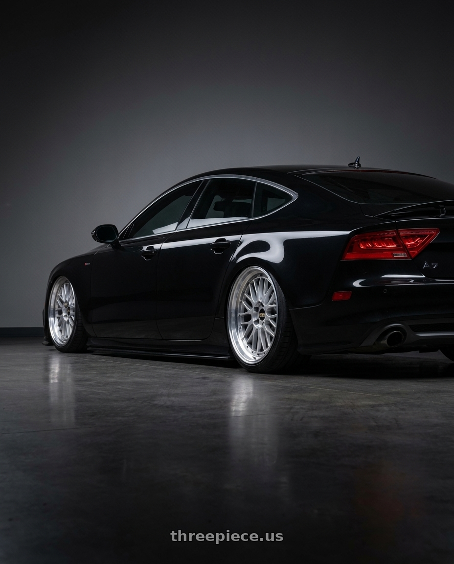 2012 audi A7 with BBS LM 5x112 20x9.0+25 Diamond Silver wheels rear three quarter view square tires