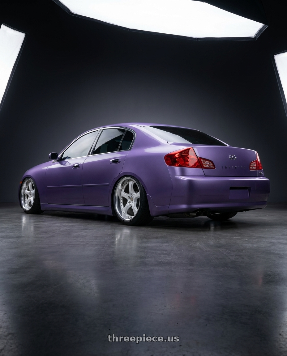 2006 Infiniti g35x sedan purple with Work Wheels VS-KF 5X114.3 19x10.5+21 Light Grey Silver A Disk FULL REVERSE wheels rear three quarter view square tires