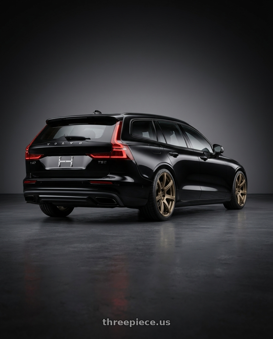 2020 Volvo v60 t5 r with Work Emotion T7r 5x108 18x8.5 +38 Matte Bronze wheels rear three quarter view slight stretch tires