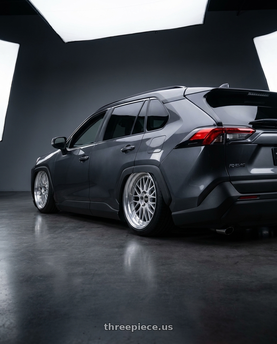 2022 Toyota rav4 with BBS LM 5x114.3 20x10.0+38 Diamond Silver wheels rear three quarter view slight stretch tires