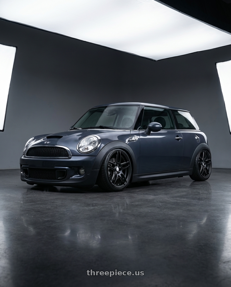 2010 Mini Cooper S R56 with Niche 1PC M106 NR6 4X100/4X108 17X7.5 +45 MATTE BLACK MILLED wheels front three quarter view stanced stance