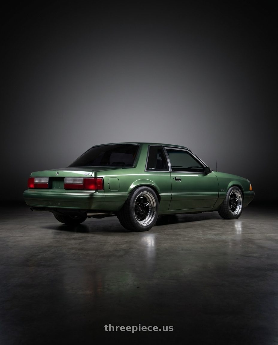 1990 ford mustang with Work Meister S1 3P 5x100 18x10+22 A Disk Black wheels rear three quarter view square tires