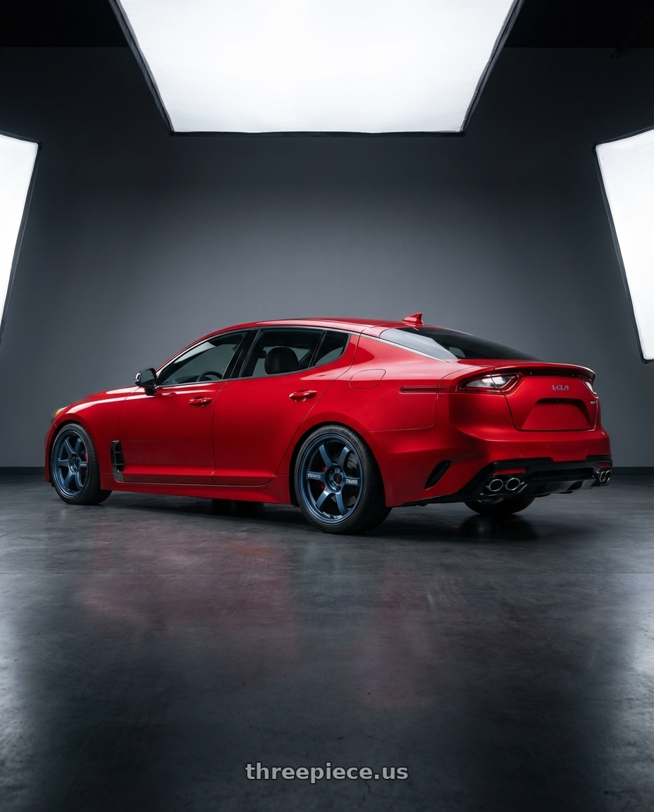 2022 Kia Stinger GT with Gram Lights 57DR 5x114.3 19x9.5 +45 GUNBLUE 2 wheels rear three quarter view square tires