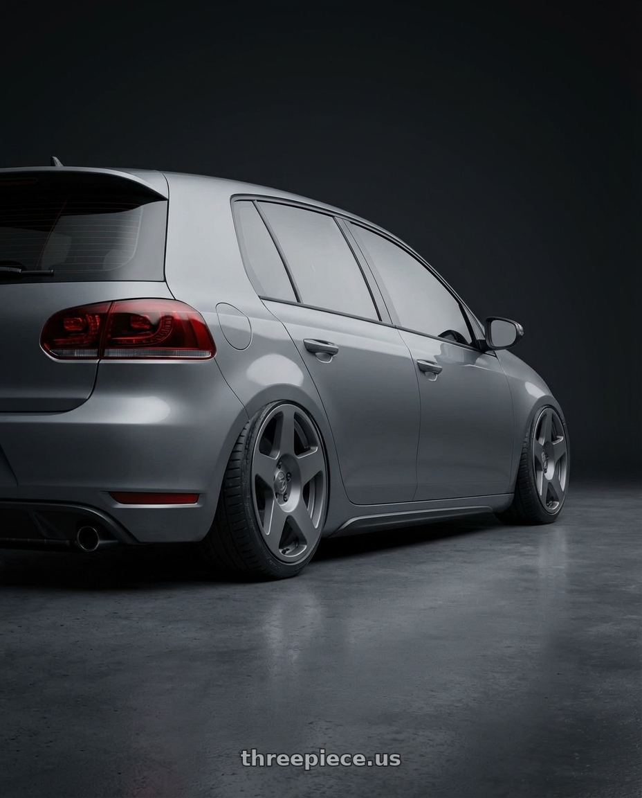 2013 Volkswagen GTI MK6 with fifteen52 APEX 5x112 / 5x120 18x8.5 +35 FROSTED GRAPHITE (SATIN GREY) wheels rear three quarter view slight stretch tires